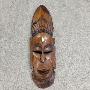 Vintage African Tribal Mask 19" Wood Hand Carved Face Natural Inlaid Art Decor